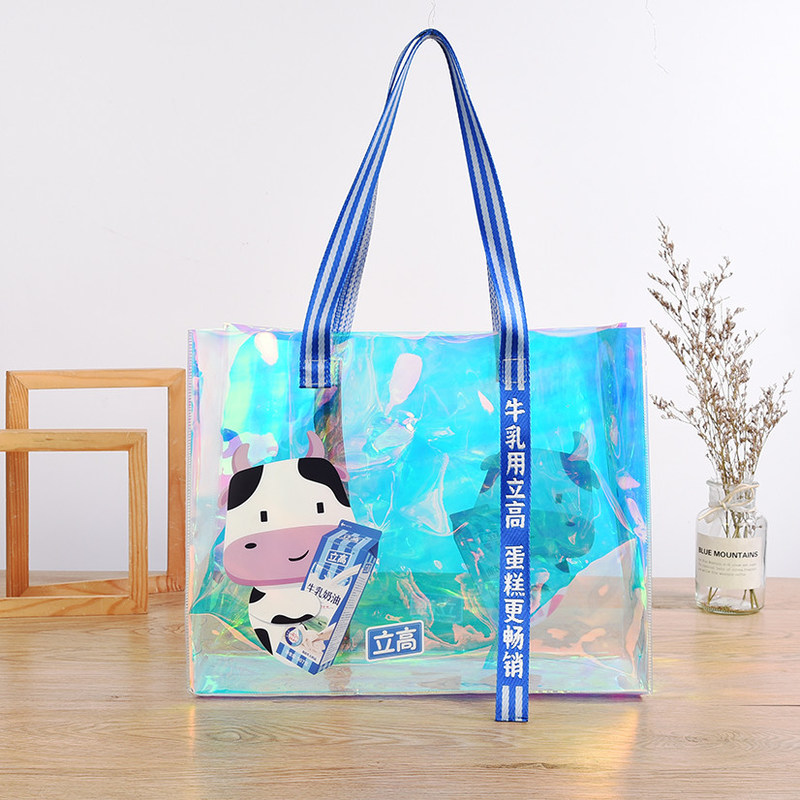 Blue Pvc Clear Tote Bag 12x6x12 Foldable Custom Printed Logo